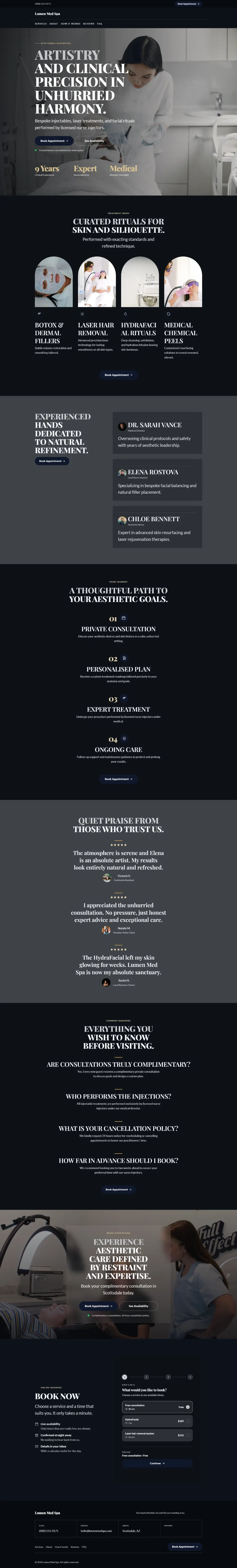 Luxury med spa website template, the whole home page: dark and understated, with a serif headline over a full-width photo