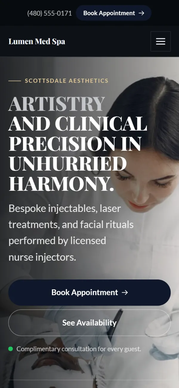 Luxury med spa website template on a phone: dark and understated, with a serif headline over a full-width photo