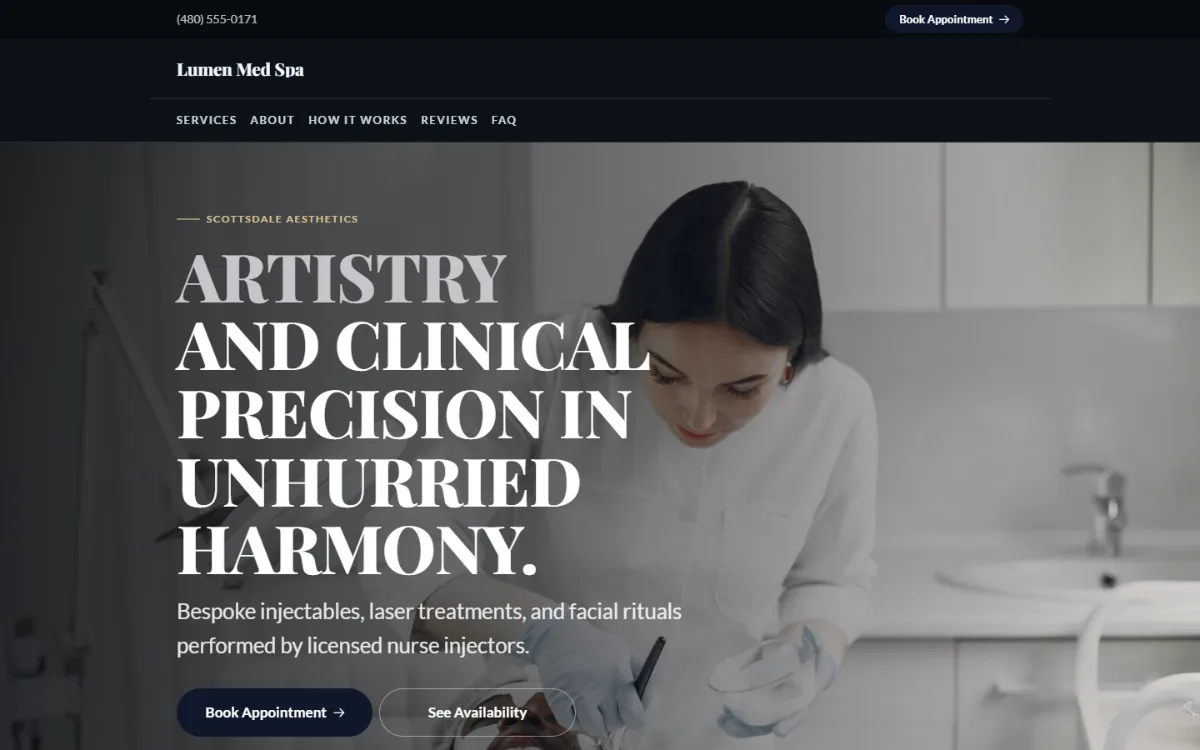 Luxury med spa website template: dark and understated, with a serif headline over a full-width photo