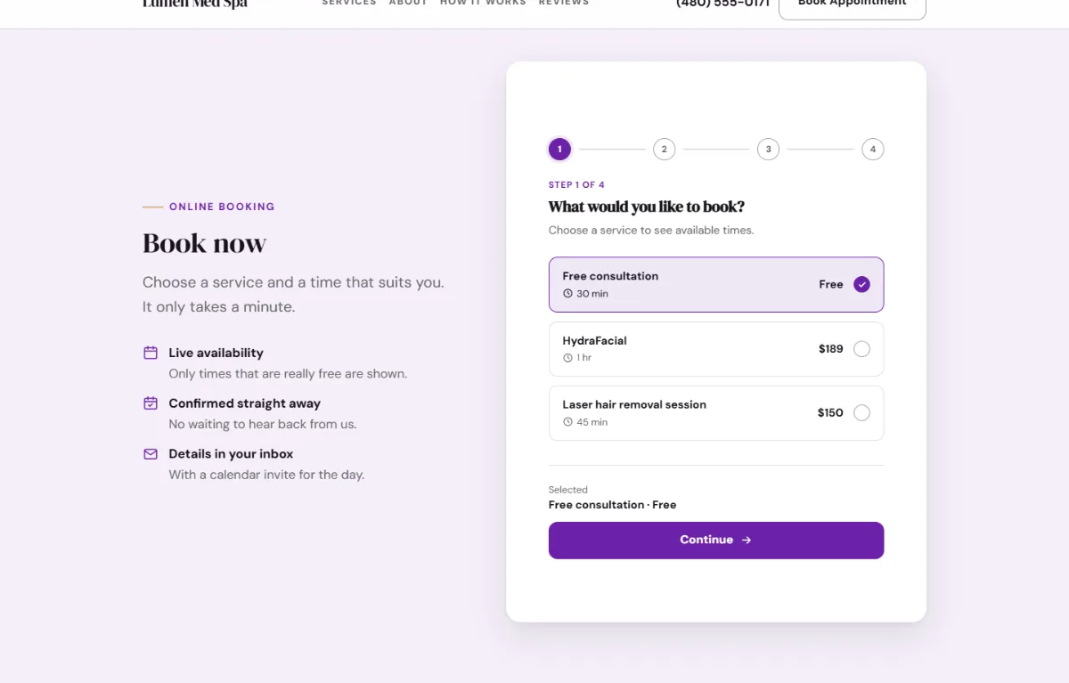 Online booking form on the Professional med spa website template: customers choose a service, then a free time