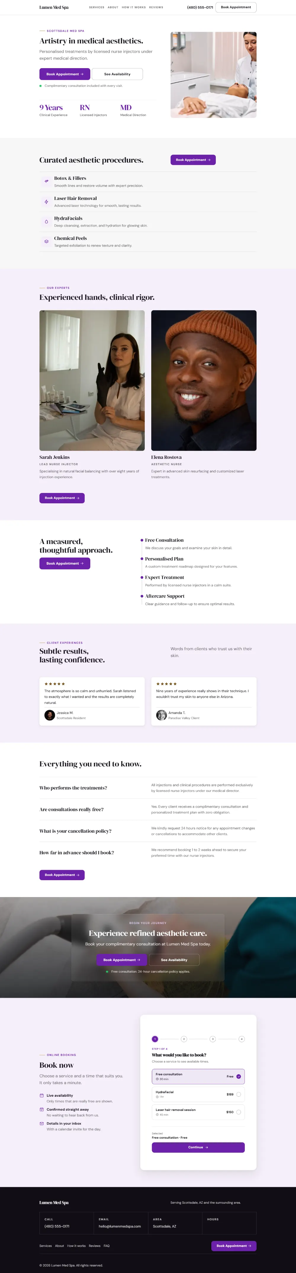 Professional med spa website template, the whole home page: clean and structured, with a photo beside the headline