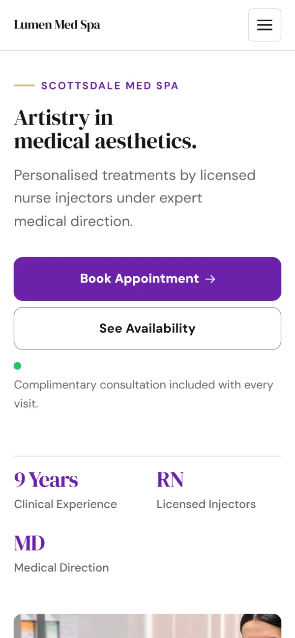 Professional med spa website template on a phone: clean and structured, with a photo beside the headline