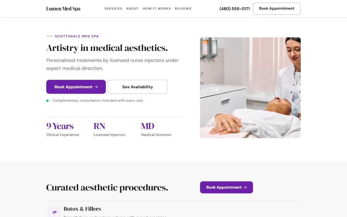 Professional med spa website template: clean and structured, with a photo beside the headline