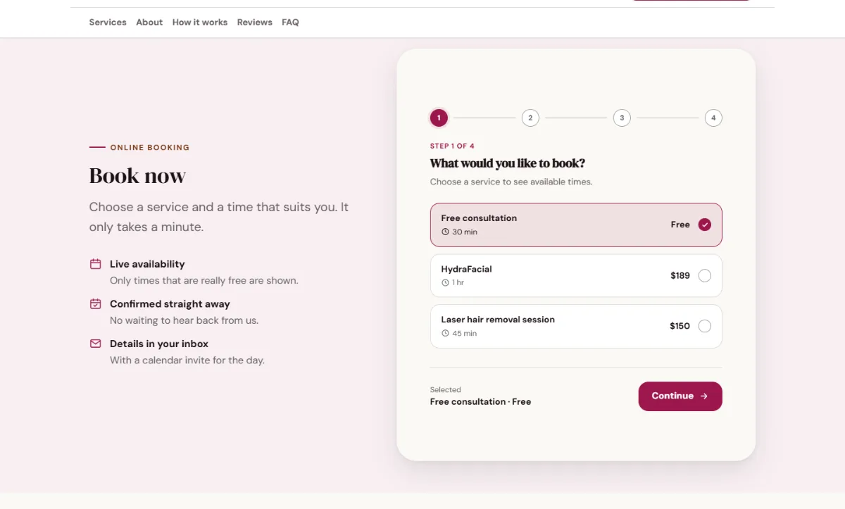 Online booking form on the Warm med spa website template: customers choose a service, then a free time