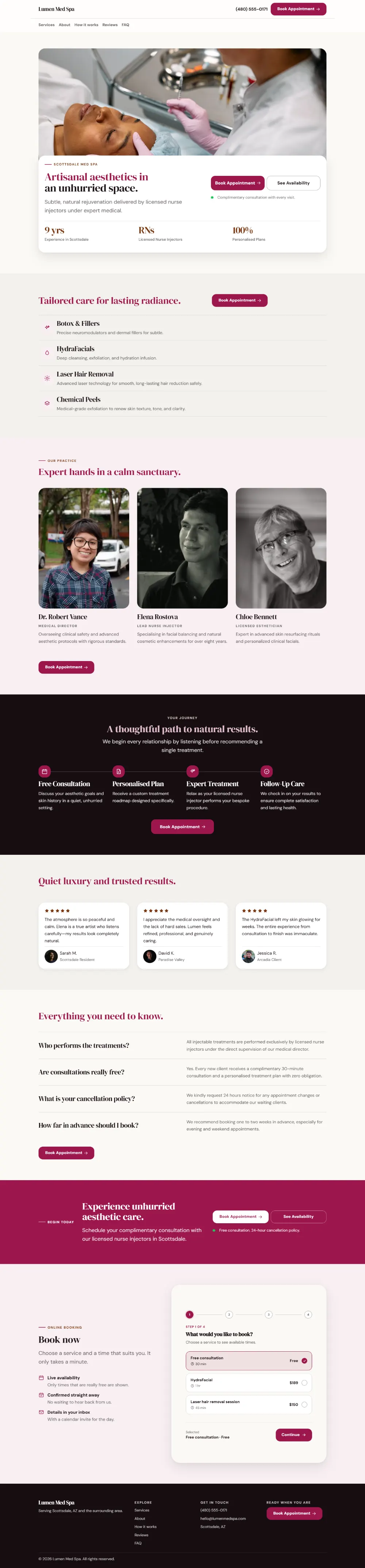 Warm med spa website template, the whole home page: soft cards and warm colours under a wide photo