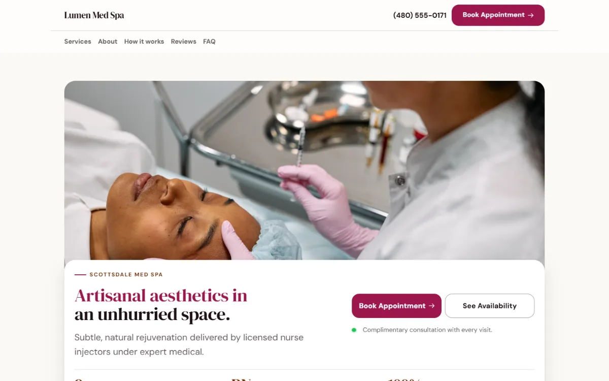 Warm med spa website template: soft cards and warm colours under a wide photo
