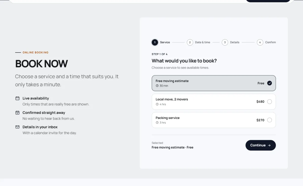 Online booking form on the Bold moving company website template: customers choose a service, then a free time