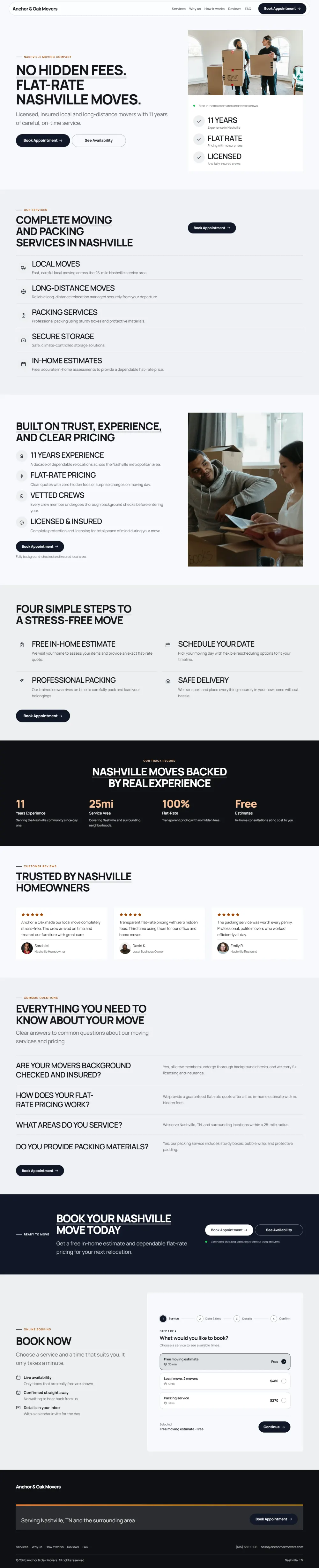 Bold moving company website template, the whole home page: a dark first screen, big capital headlines and one loud accent colour