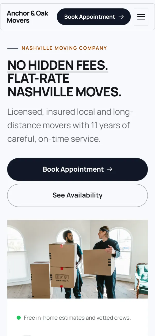 Bold moving company website template on a phone: a dark first screen, big capital headlines and one loud accent colour