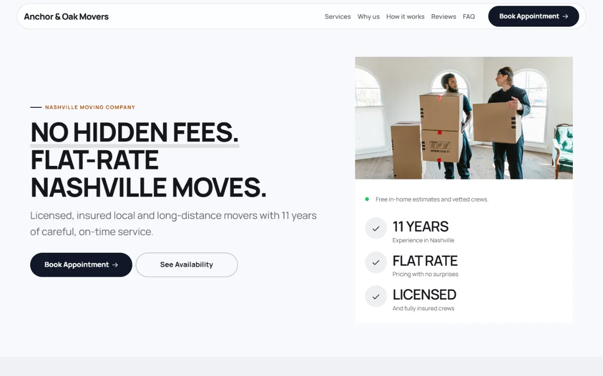Bold moving company website template: a dark first screen, big capital headlines and one loud accent colour