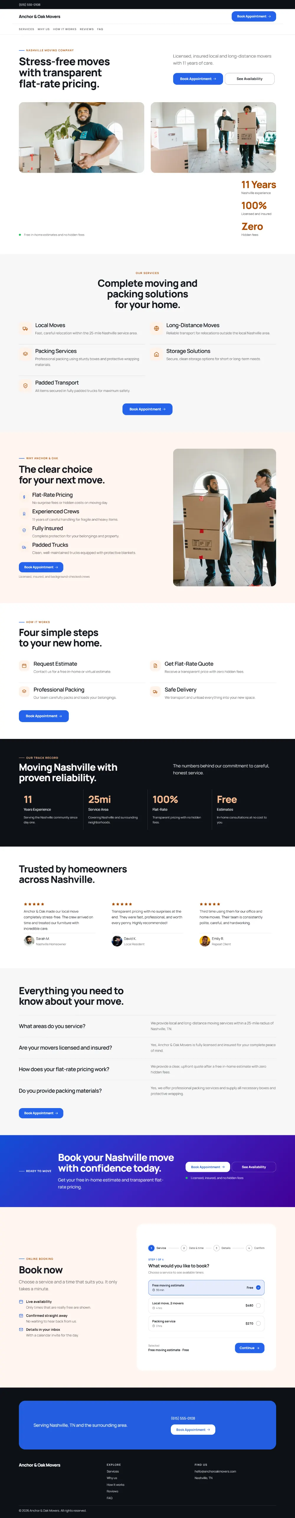 Bright moving company website template, the whole home page: light and airy, with two photos under the headline