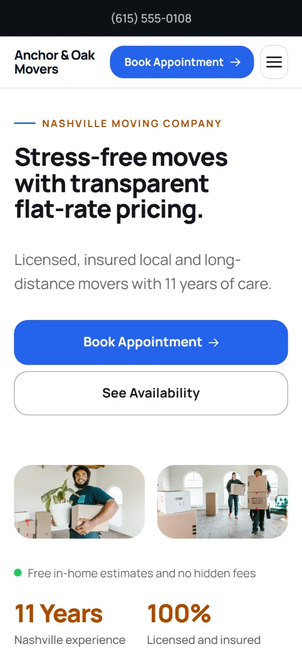 Bright moving company website template on a phone: light and airy, with two photos under the headline