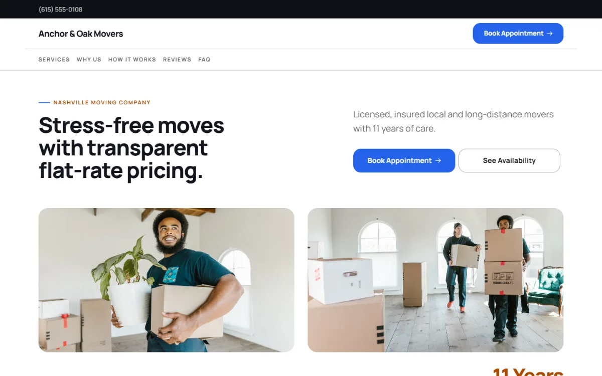 Bright moving company website template: light and airy, with two photos under the headline