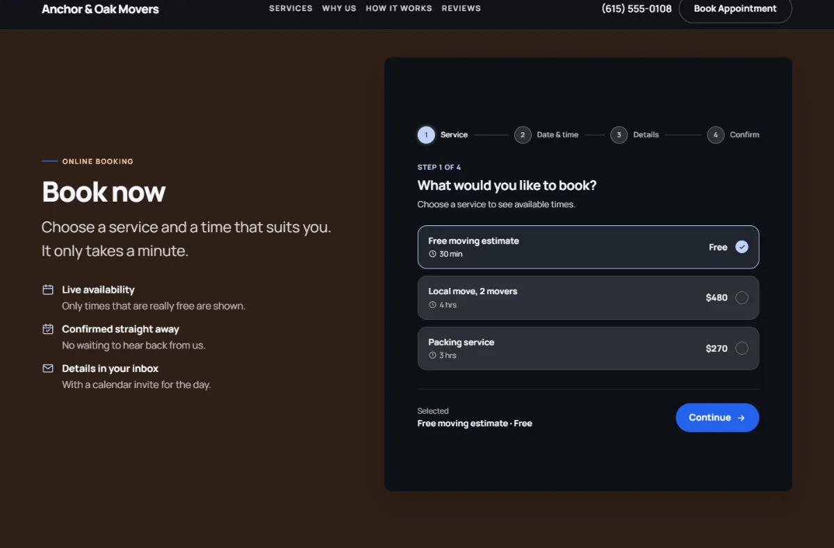 Online booking form on the Dark moving company website template: customers choose a service, then a free time