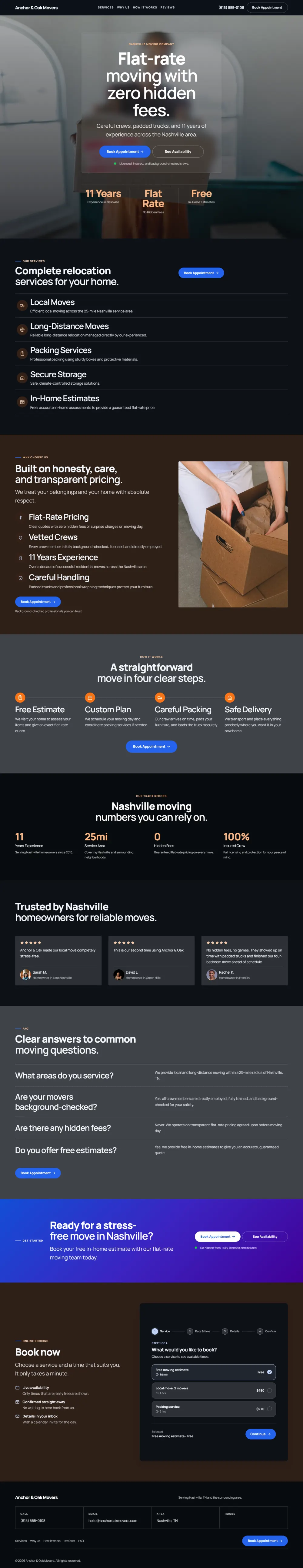 Dark moving company website template, the whole home page: dark mode throughout, with a glass card over the photo