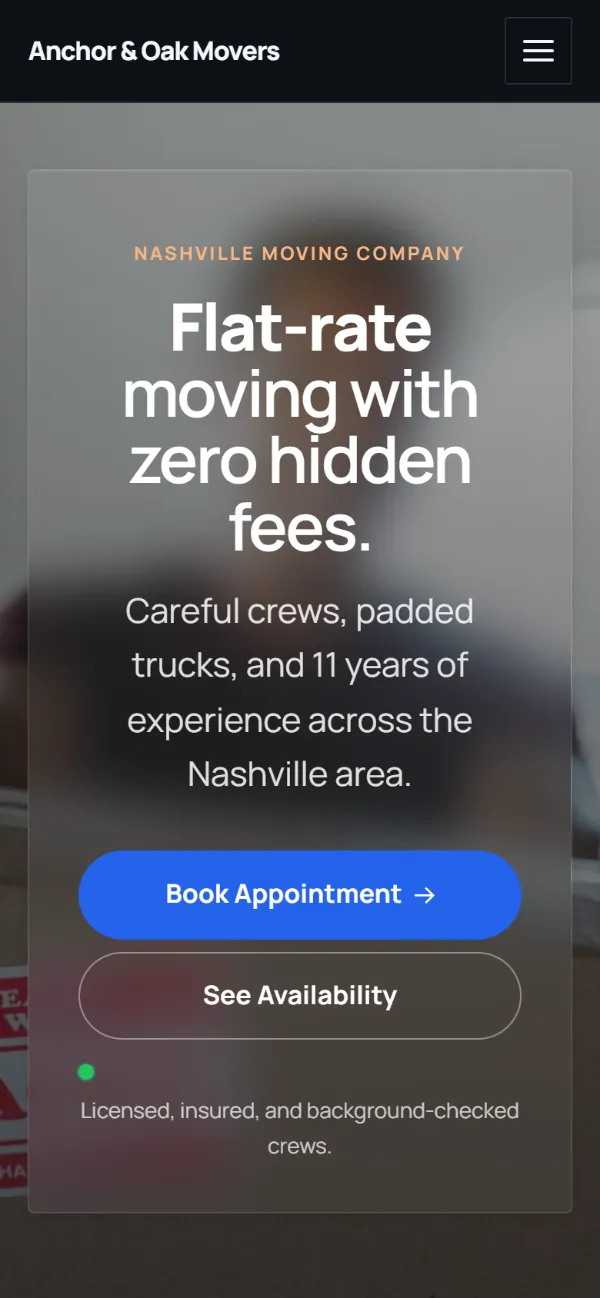 Dark moving company website template on a phone: dark mode throughout, with a glass card over the photo