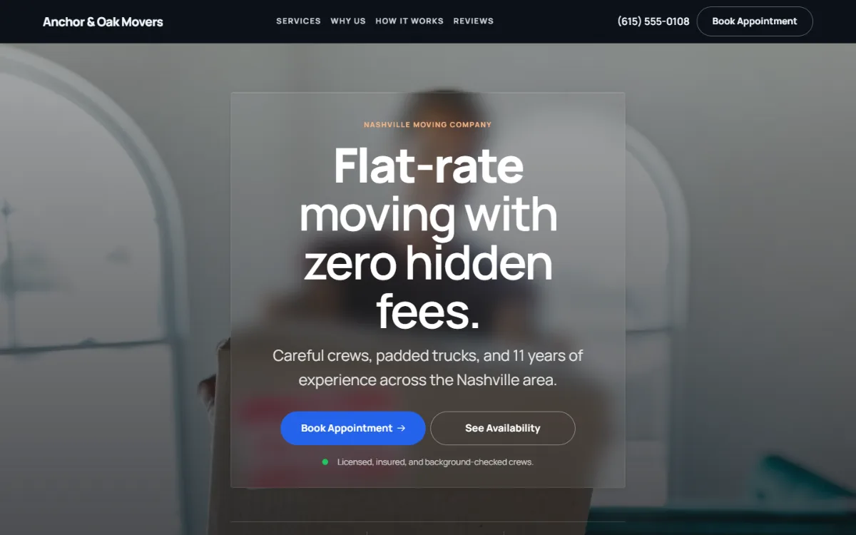 Dark moving company website template: dark mode throughout, with a glass card over the photo