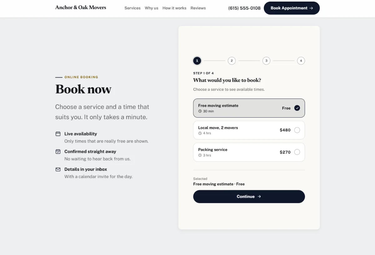Online booking form on the Luxury moving company website template: customers choose a service, then a free time