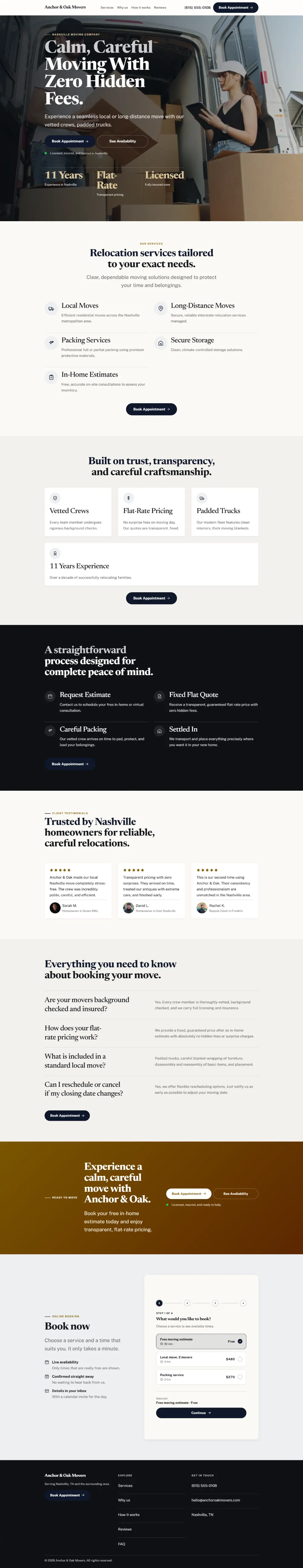 Luxury moving company website template, the whole home page: dark and understated, with a serif headline over a full-width photo