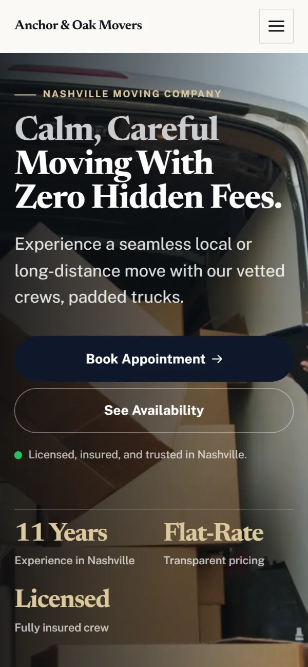 Luxury moving company website template on a phone: dark and understated, with a serif headline over a full-width photo