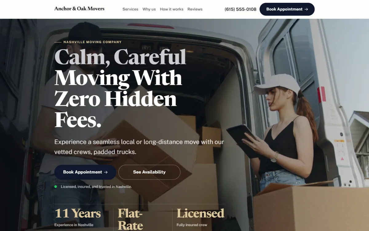 Luxury moving company website template: dark and understated, with a serif headline over a full-width photo