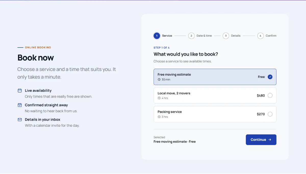 Online booking form on the Professional moving company website template: customers choose a service, then a free time