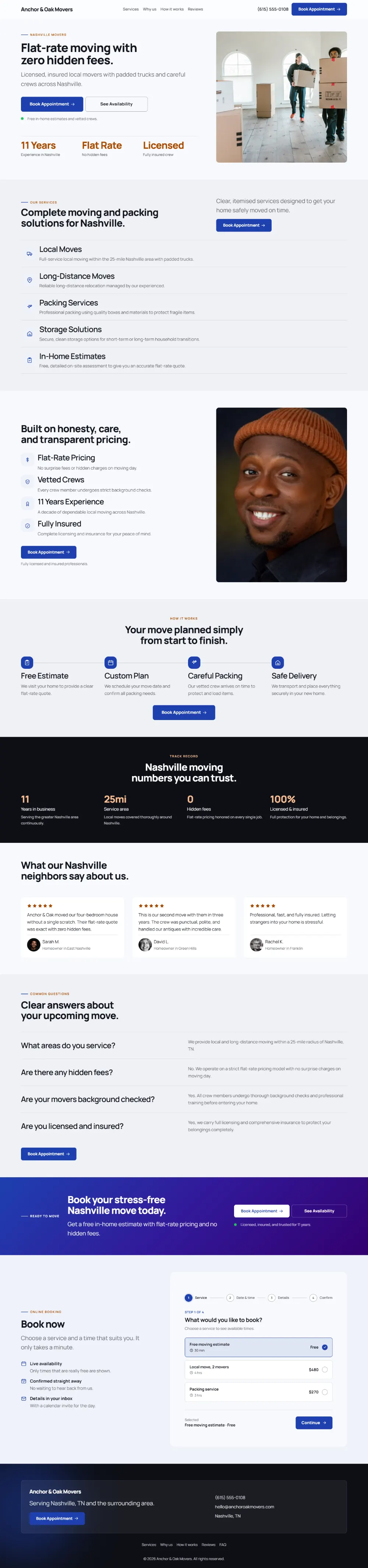 Professional moving company website template, the whole home page: clean and structured, with a photo beside the headline