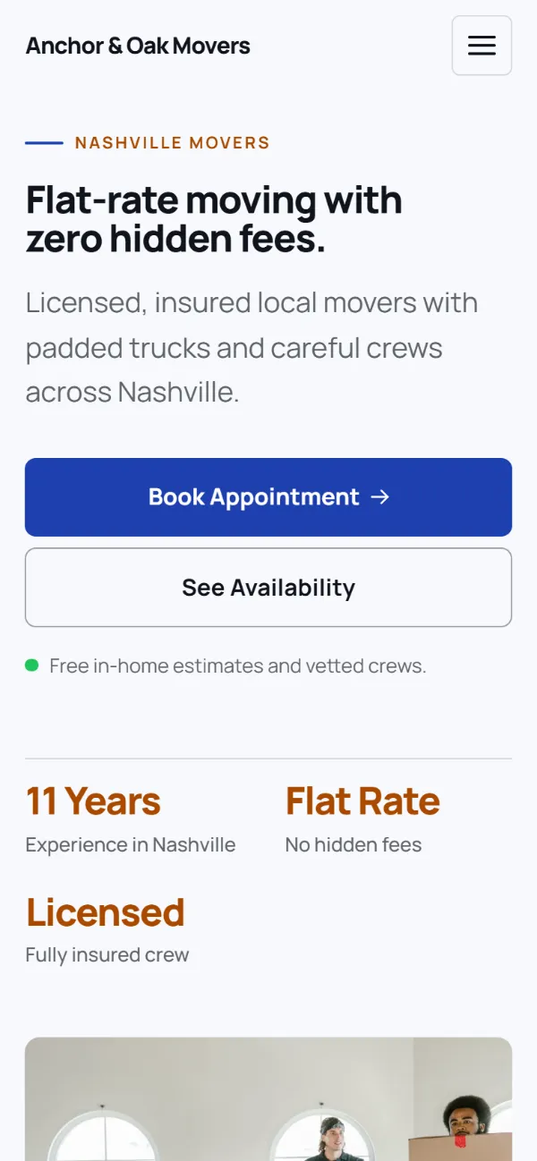 Professional moving company website template on a phone: clean and structured, with a photo beside the headline