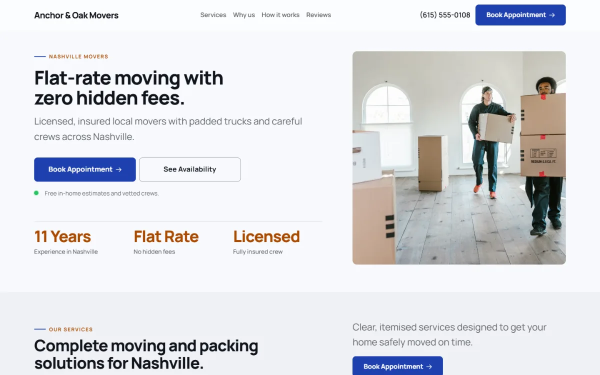 Professional moving company website template: clean and structured, with a photo beside the headline