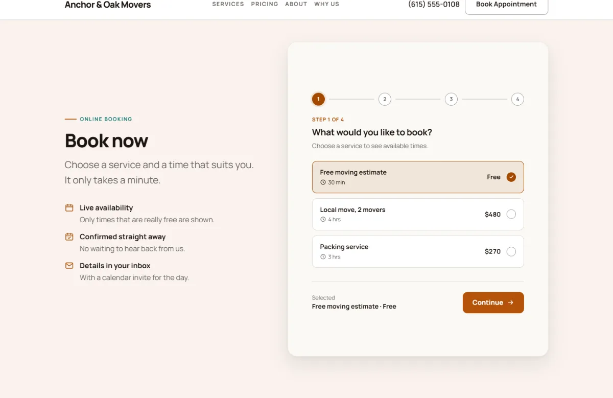 Online booking form on the Warm moving company website template: customers choose a service, then a free time