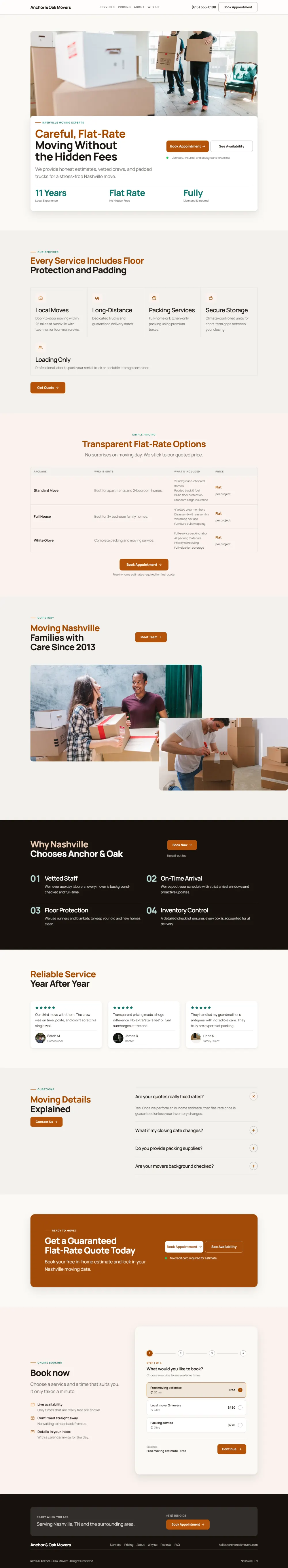 Warm moving company website template, the whole home page: soft cards and warm colours under a wide photo