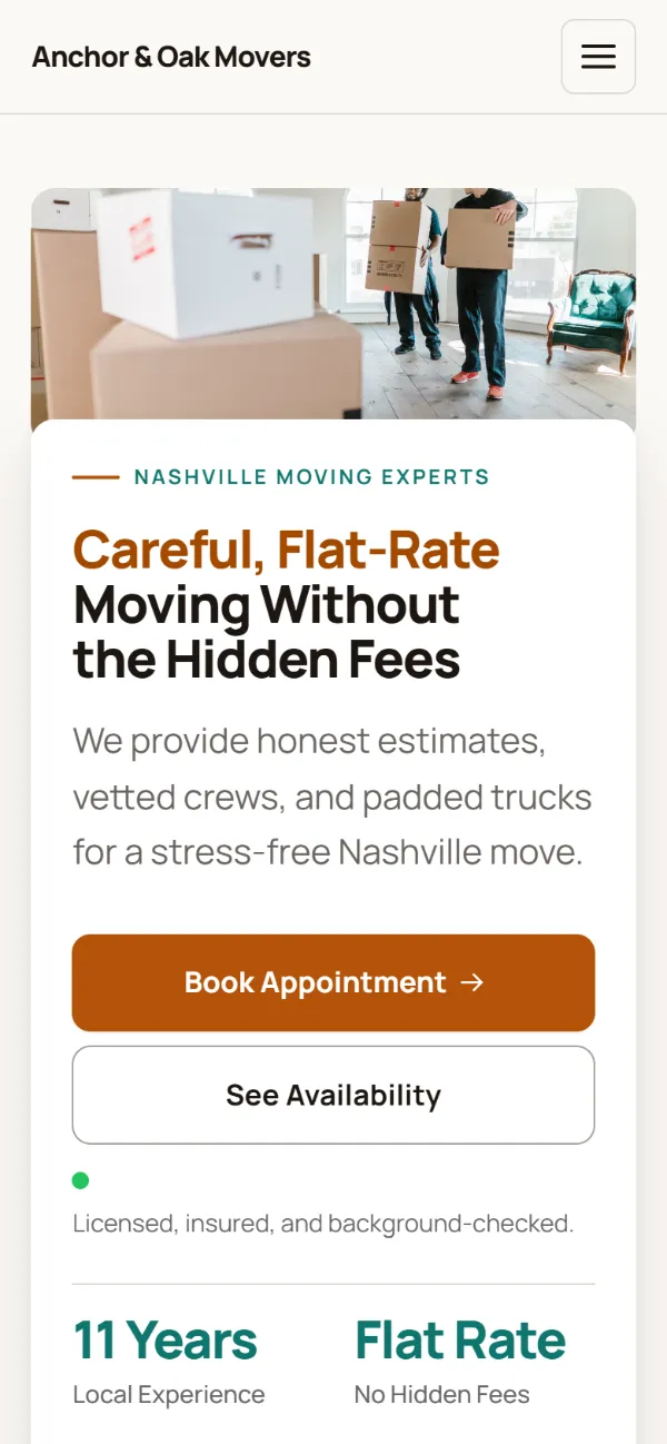 Warm moving company website template on a phone: soft cards and warm colours under a wide photo
