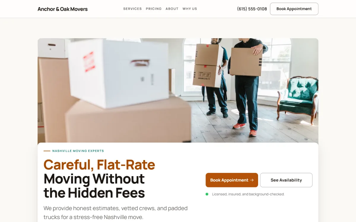 Warm moving company website template: soft cards and warm colours under a wide photo
