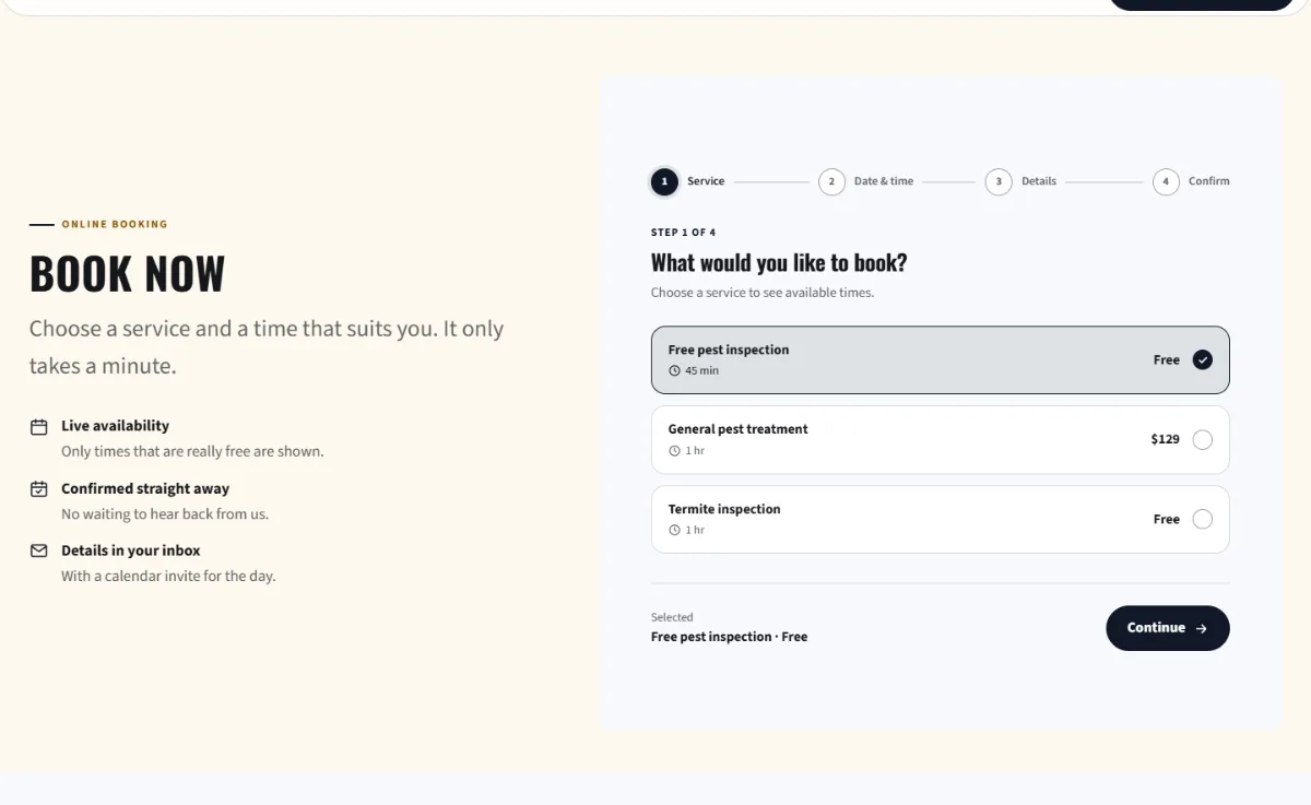 Online booking form on the Bold pest control website template: customers choose a service, then a free time