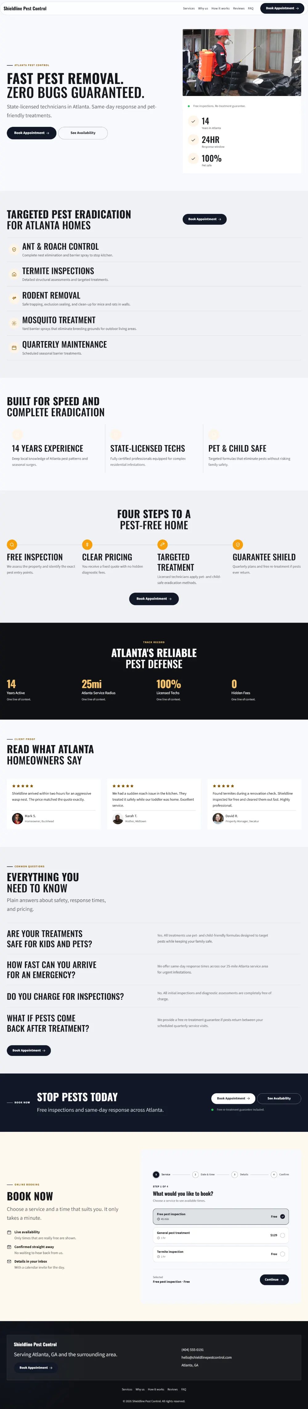 Bold pest control website template, the whole home page: a dark first screen, big capital headlines and one loud accent colour