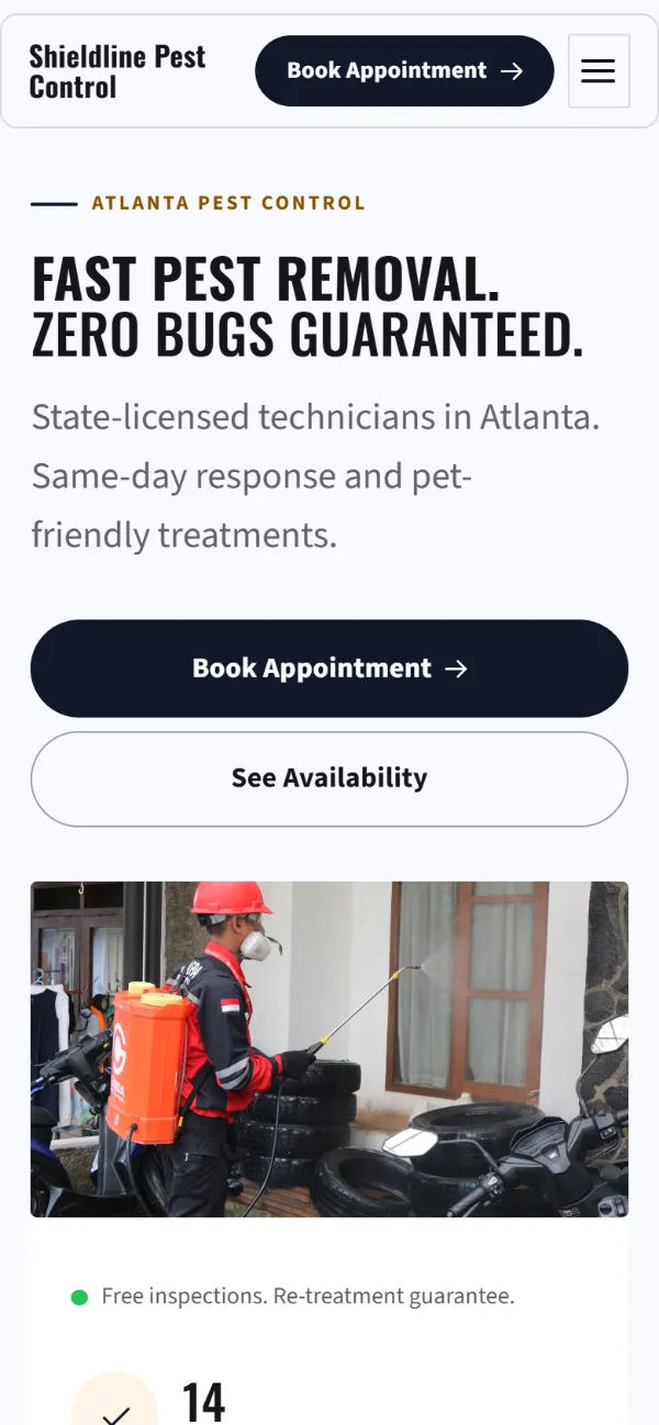 Bold pest control website template on a phone: a dark first screen, big capital headlines and one loud accent colour