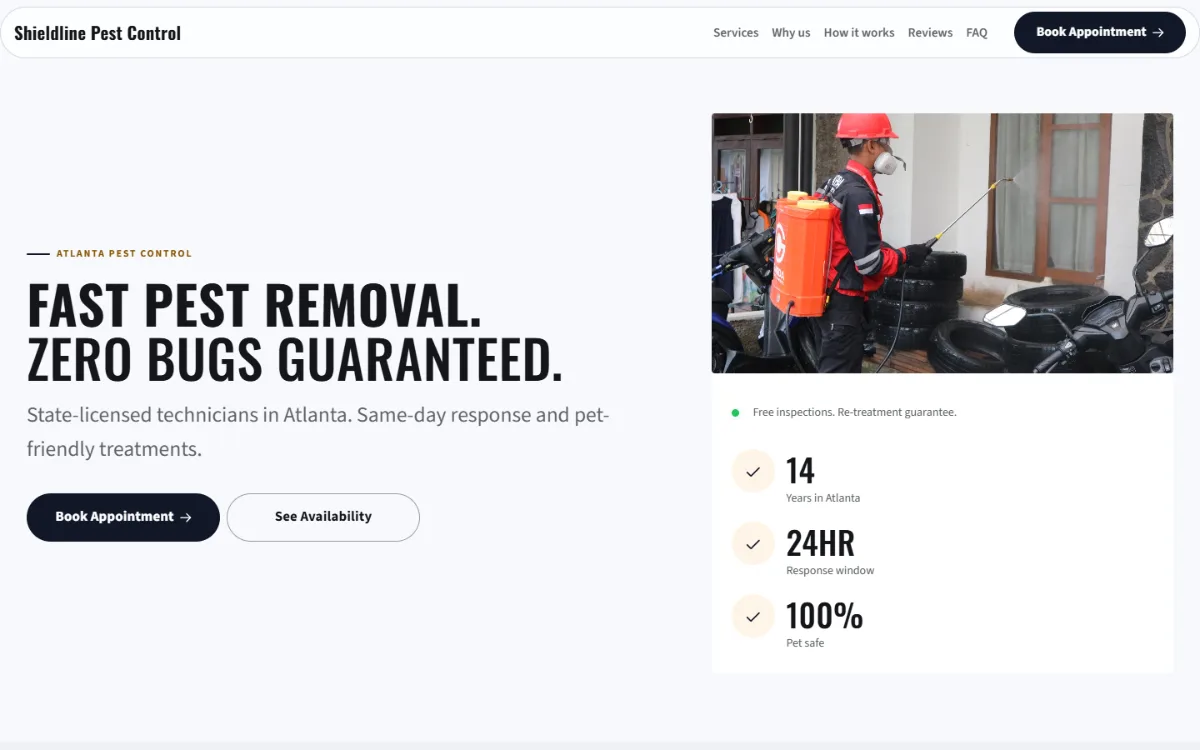 Bold pest control website template: a dark first screen, big capital headlines and one loud accent colour