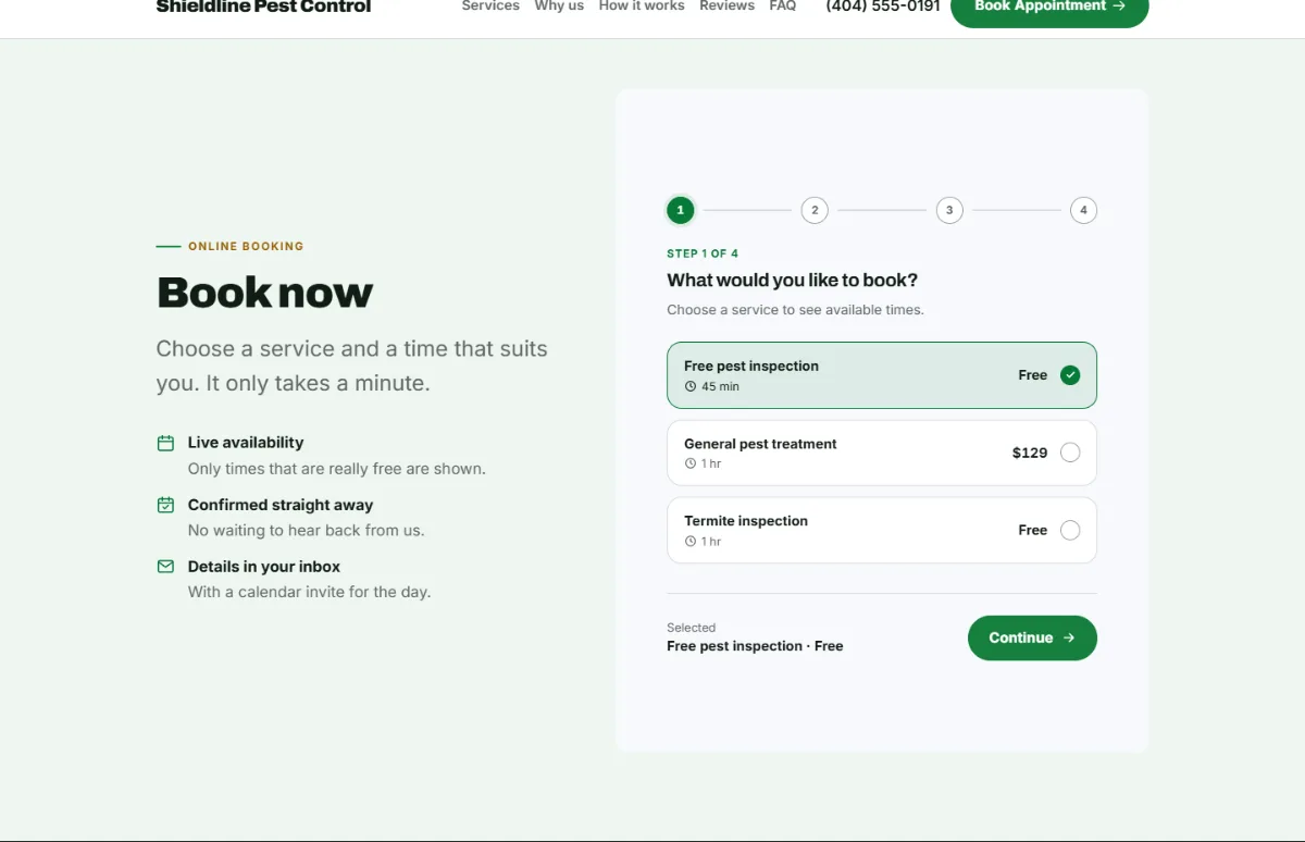 Online booking form on the Bright pest control website template: customers choose a service, then a free time