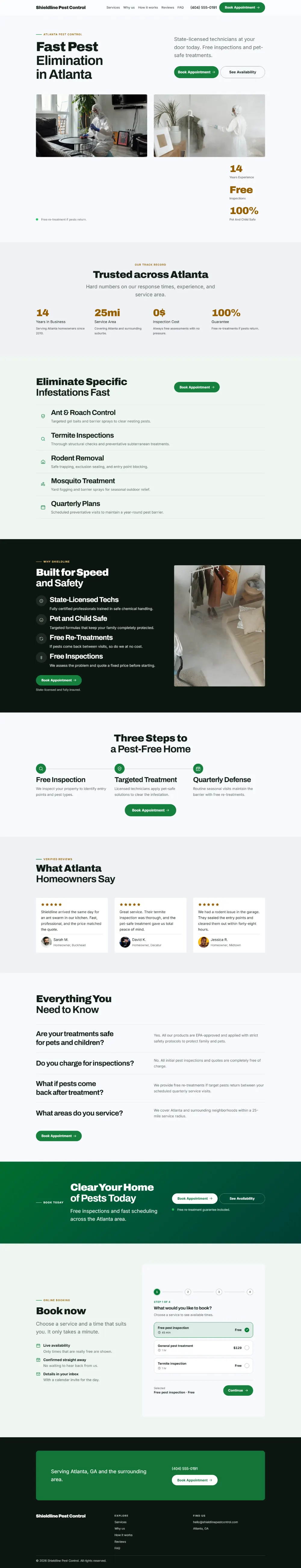 Bright pest control website template, the whole home page: light and airy, with two photos under the headline