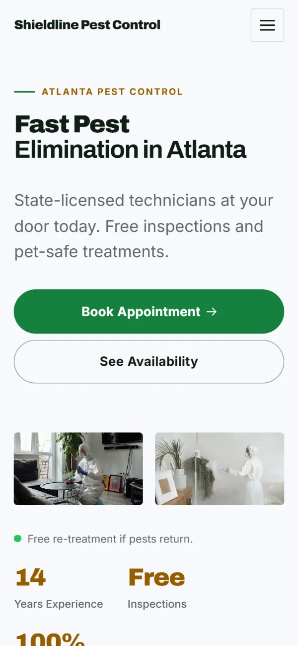 Bright pest control website template on a phone: light and airy, with two photos under the headline