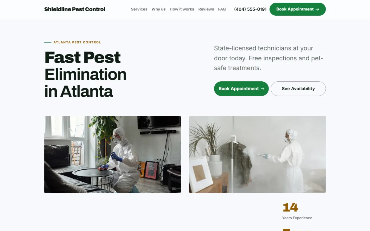 Bright pest control website template: light and airy, with two photos under the headline