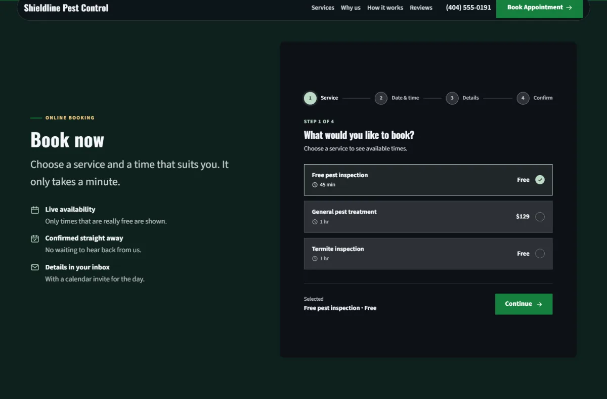 Online booking form on the Dark pest control website template: customers choose a service, then a free time