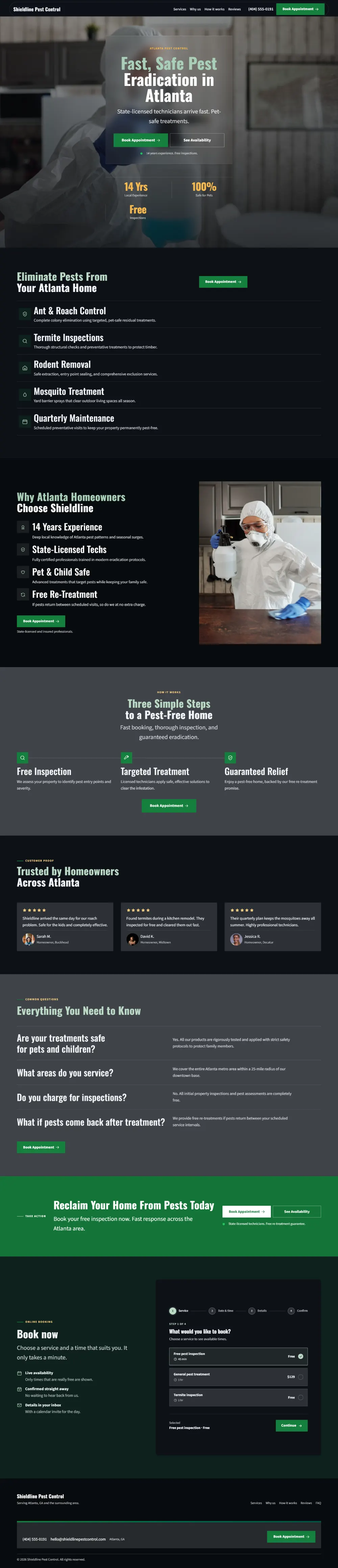 Dark pest control website template, the whole home page: dark mode throughout, with a glass card over the photo