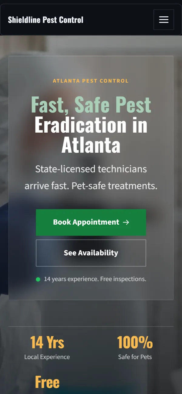 Dark pest control website template on a phone: dark mode throughout, with a glass card over the photo