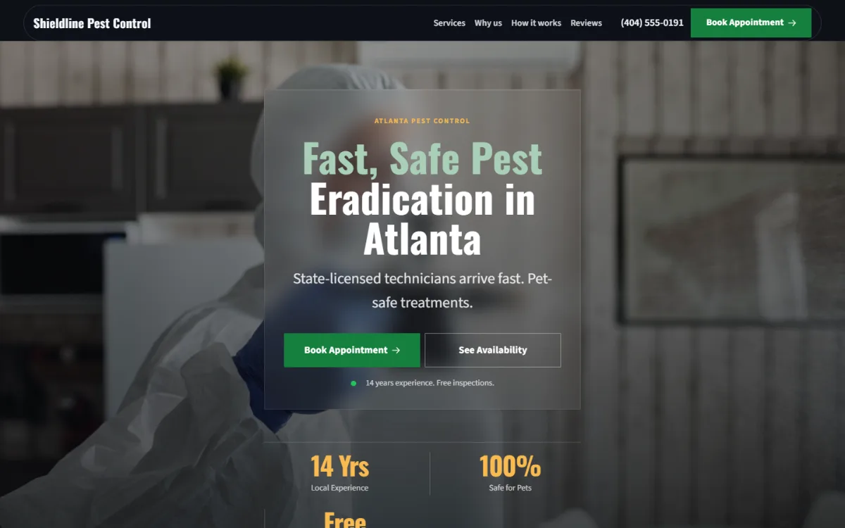 Dark pest control website template: dark mode throughout, with a glass card over the photo