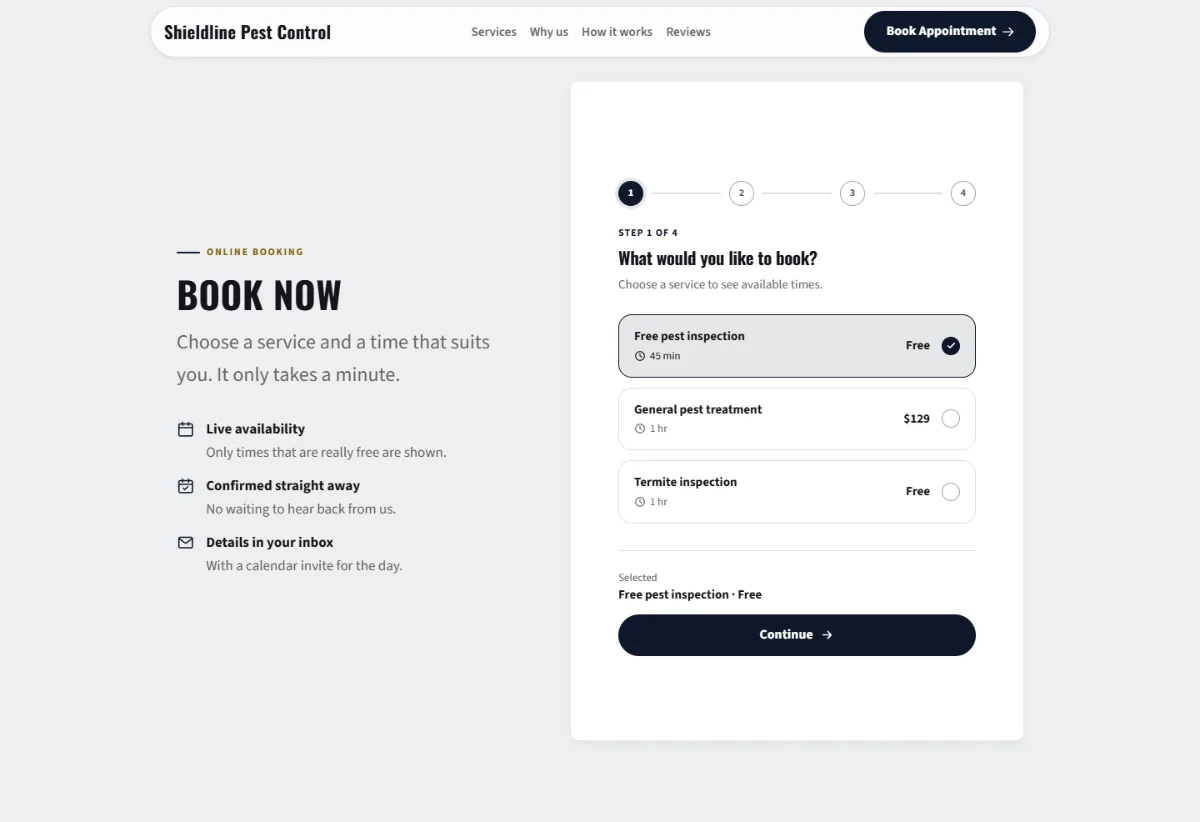 Online booking form on the Luxury pest control website template: customers choose a service, then a free time