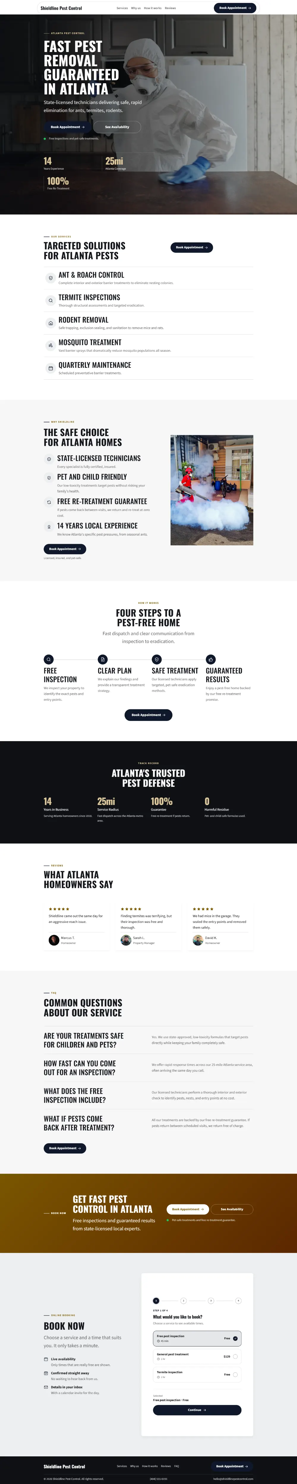 Luxury pest control website template, the whole home page: dark and understated, with a serif headline over a full-width photo