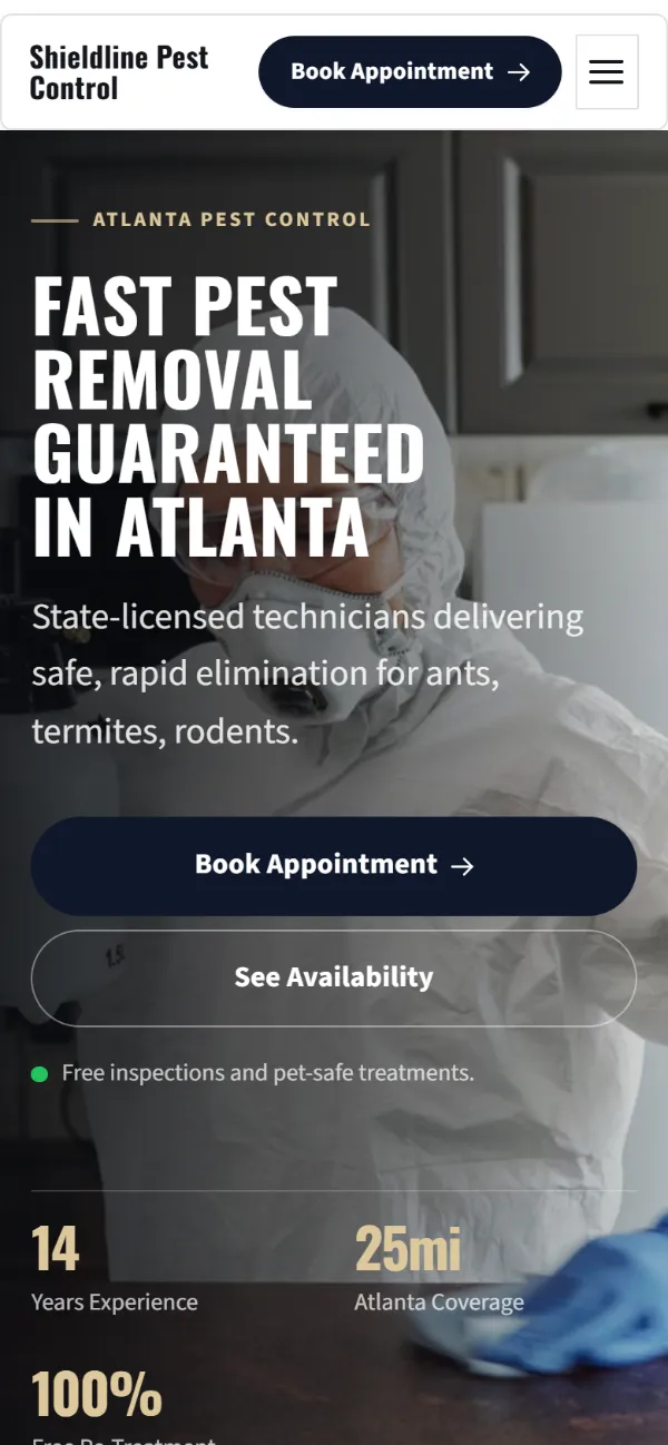 Luxury pest control website template on a phone: dark and understated, with a serif headline over a full-width photo