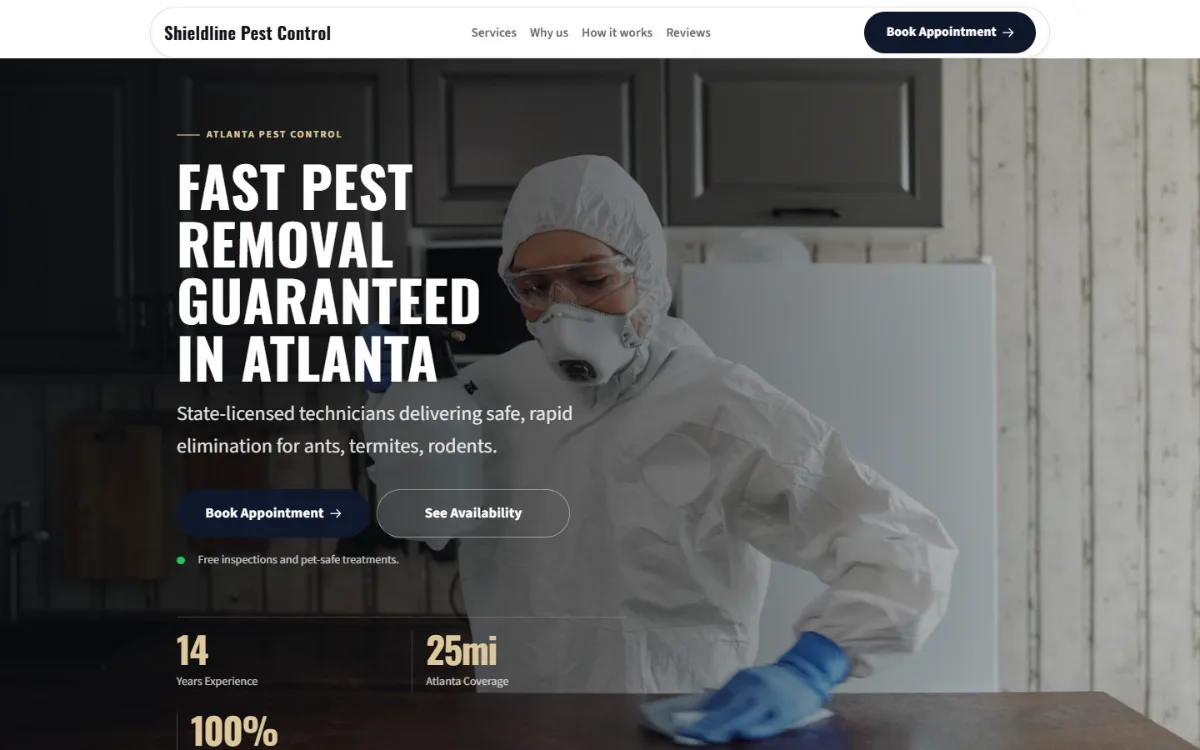 Luxury pest control website template: dark and understated, with a serif headline over a full-width photo