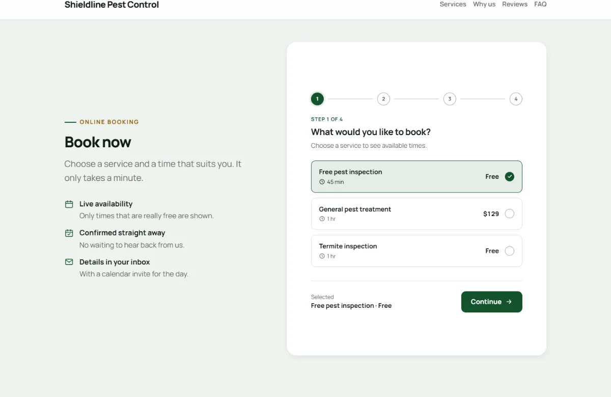 Online booking form on the Professional pest control website template: customers choose a service, then a free time